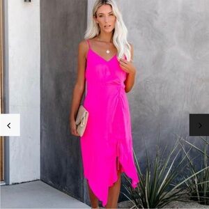 Vici radiance naked zebra hot pink midi dress neon satin ruched bright fuchsia